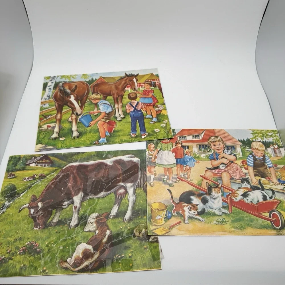 Vtg 20 Cube Puzzle Block Set 4 Sided West Germany ~ Cat Horse Cow Children Dogs